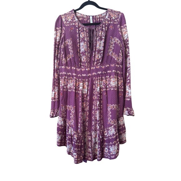 Free People Boho Purple Floral Print Long Sleeve Mini Dress Festival Hippie Chic - Picture 2 of 11